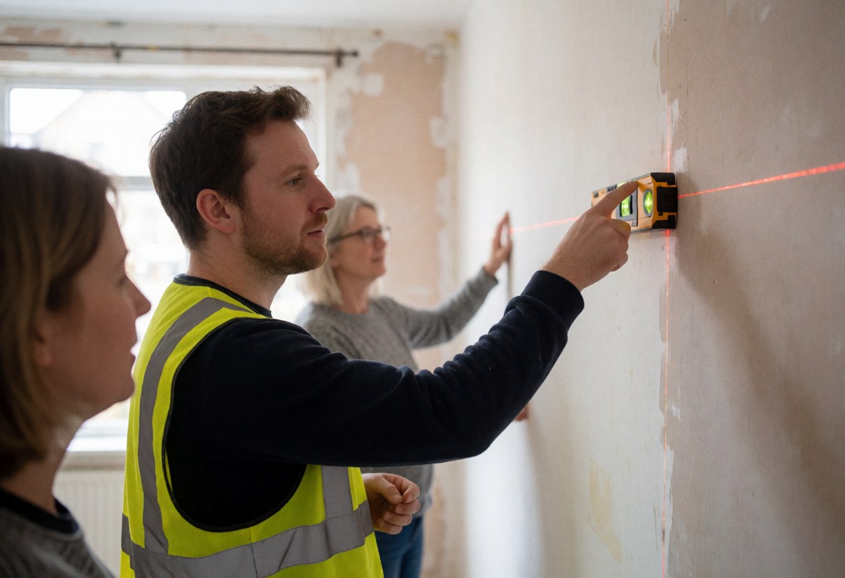 A man in a safety vest adjusts a red laser level on a construction wall while another person observes the field work.