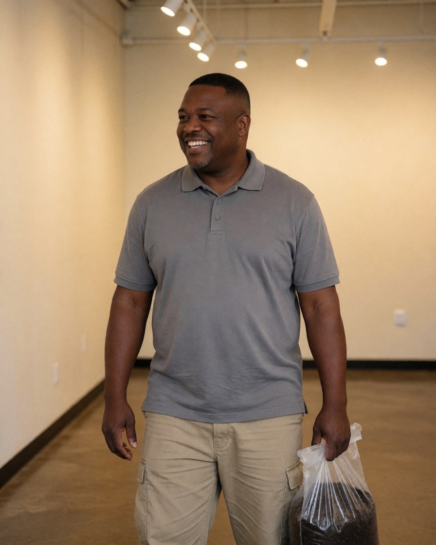 Smiling man holding a bag of soil in an agricultural store with cream walls and polished concrete floor.