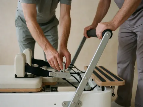 Close-up of hands adjusting the screws and handles of a pilates reformer machine against a neutral background with soft lighting