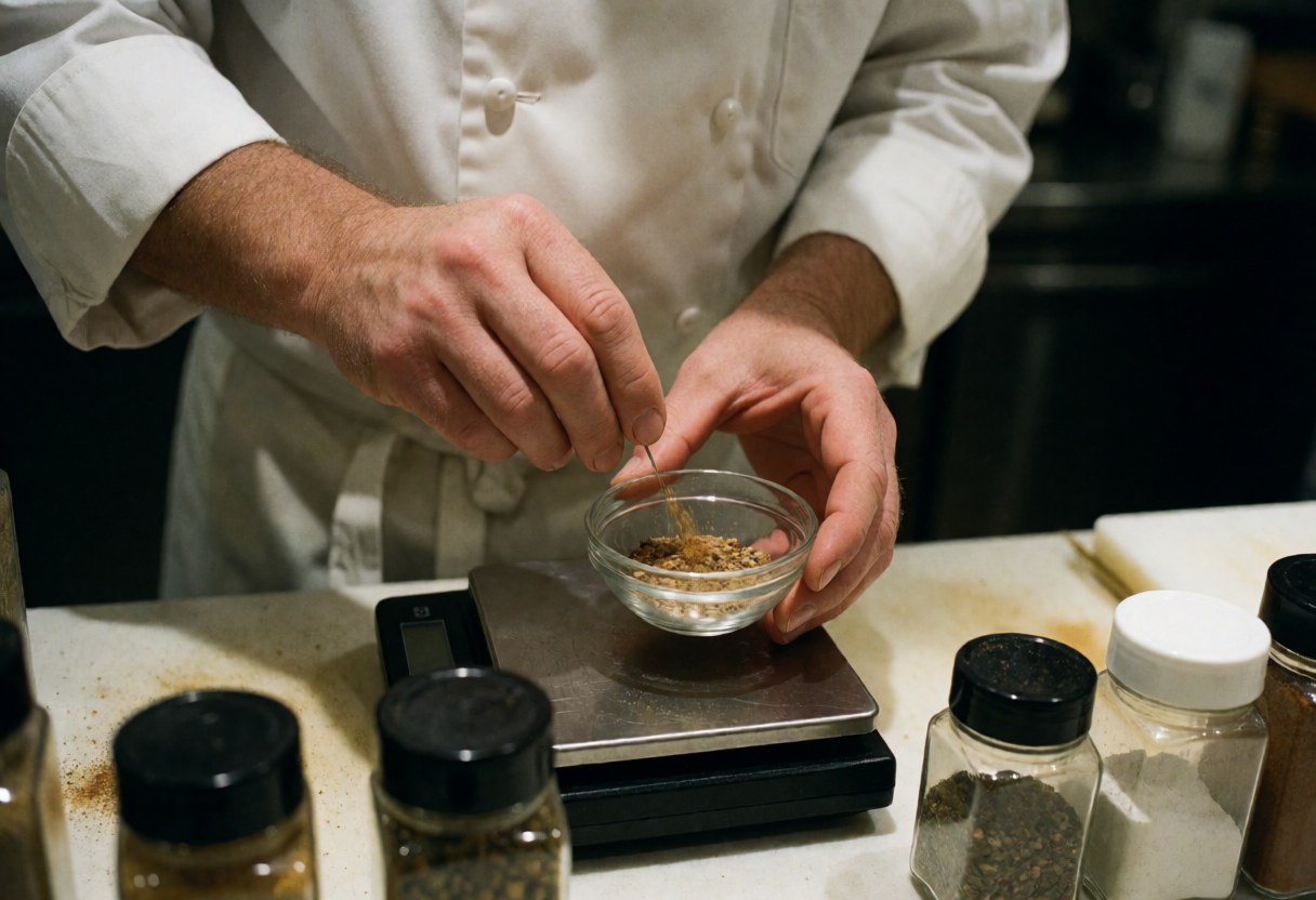 A chef carefully measures spices using a digital scale surrounded by spice jars, highlighting precision in food preparation.