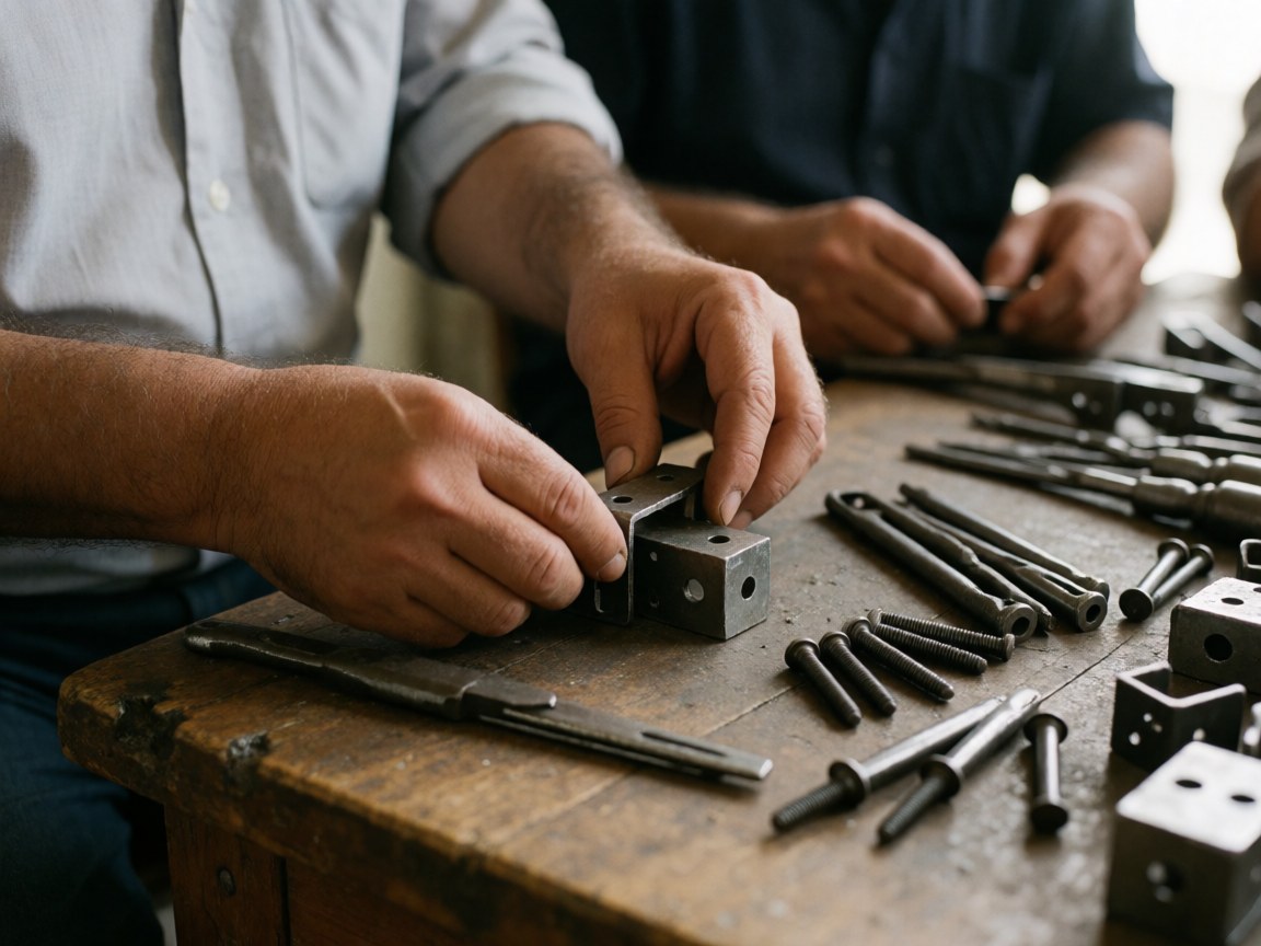 Close-up of adult hands manipulating metal pieces and screws on a wooden workbench in a professional workshop setting with natural light