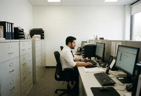 Insurance professional working at a clean desk with computer, files, and documents in a professional office setting