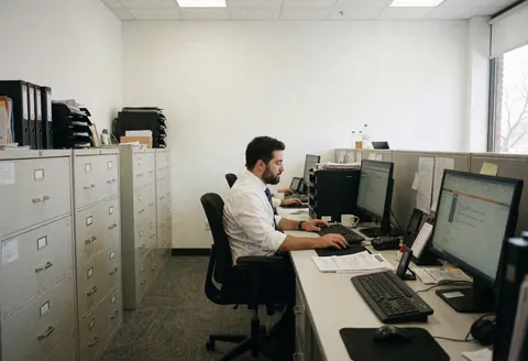 Insurance professional working at a clean desk with computer, files, and documents in a professional office setting