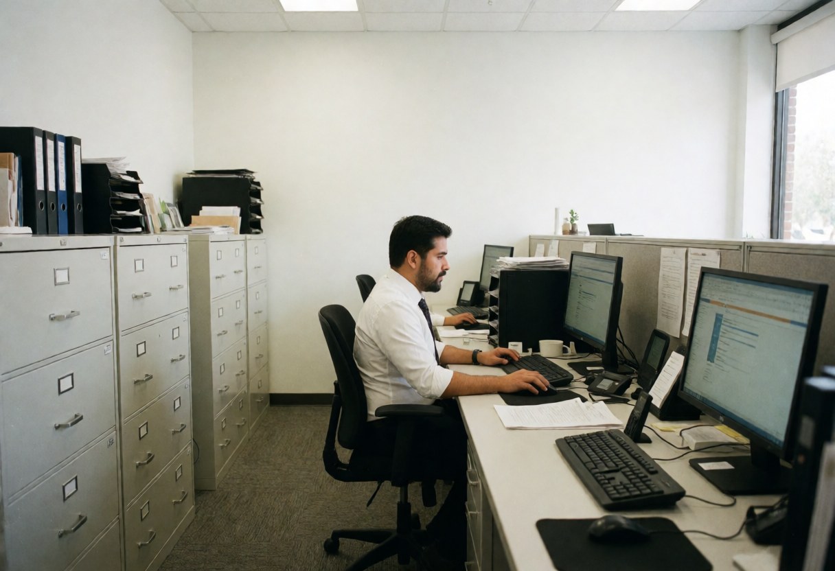 Insurance professional working at a clean desk with computer, files, and documents in a professional office setting