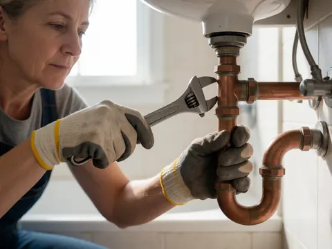 A plumber wearing gloves uses a wrench to adjust a copper pipe under a sink in a well-lit bathroom.