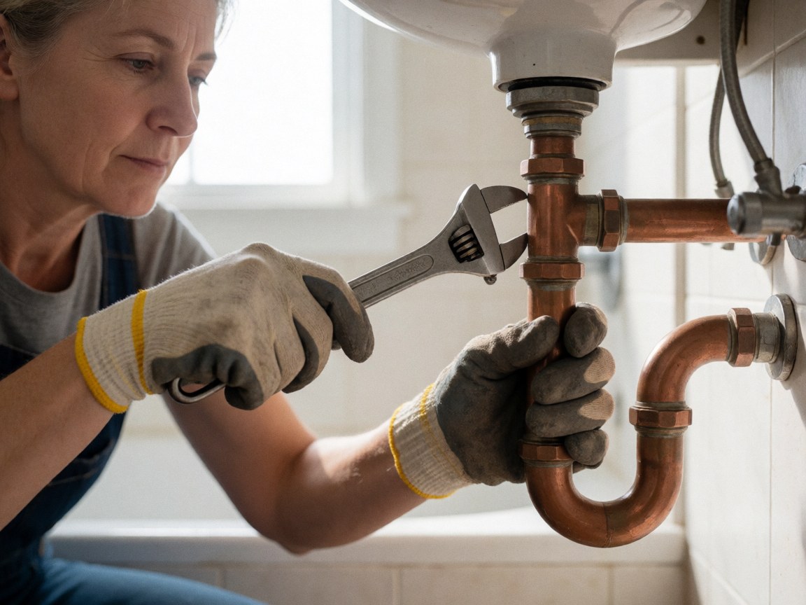 A plumber wearing gloves uses a wrench to adjust a copper pipe under a sink in a well-lit bathroom.