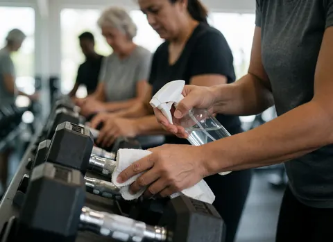 Hispanic woman wiping down weights with spray and towel in gym, focusing on hygiene and equipment care with blurred background