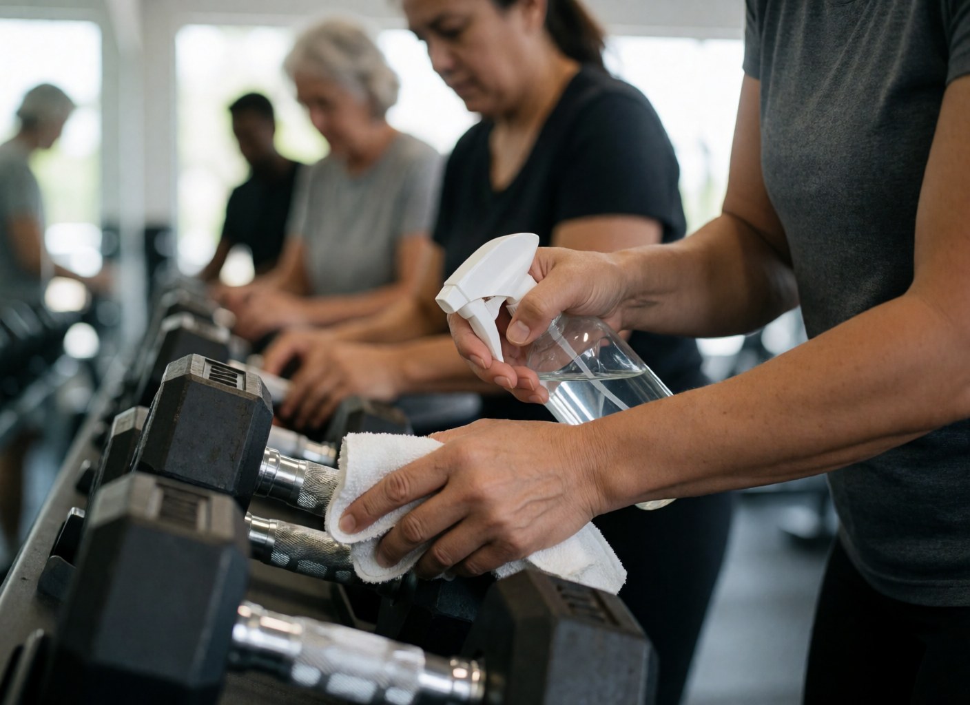 Hispanic woman wiping down weights with spray and towel in gym, focusing on hygiene and equipment care with blurred background