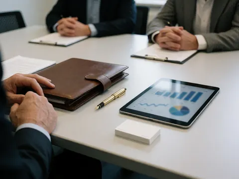 A leather portfolio, gold pen, tablet with charts, and business cards on a white table during a meeting.