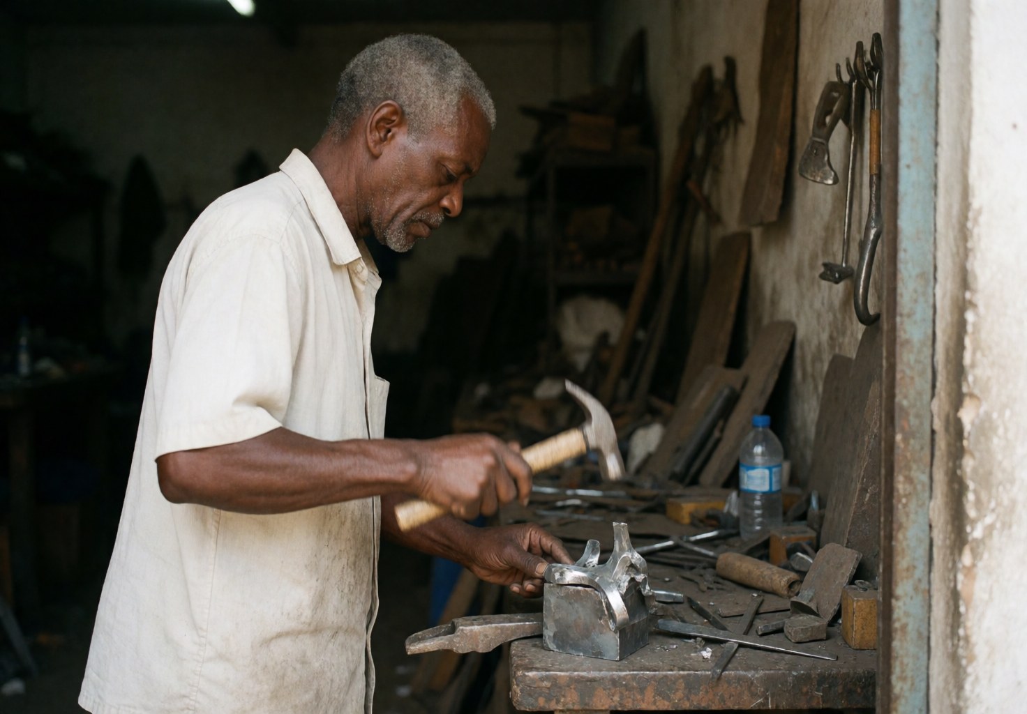 An older man hammers metal in a workshop surrounded by tools with natural light and a blurred background
