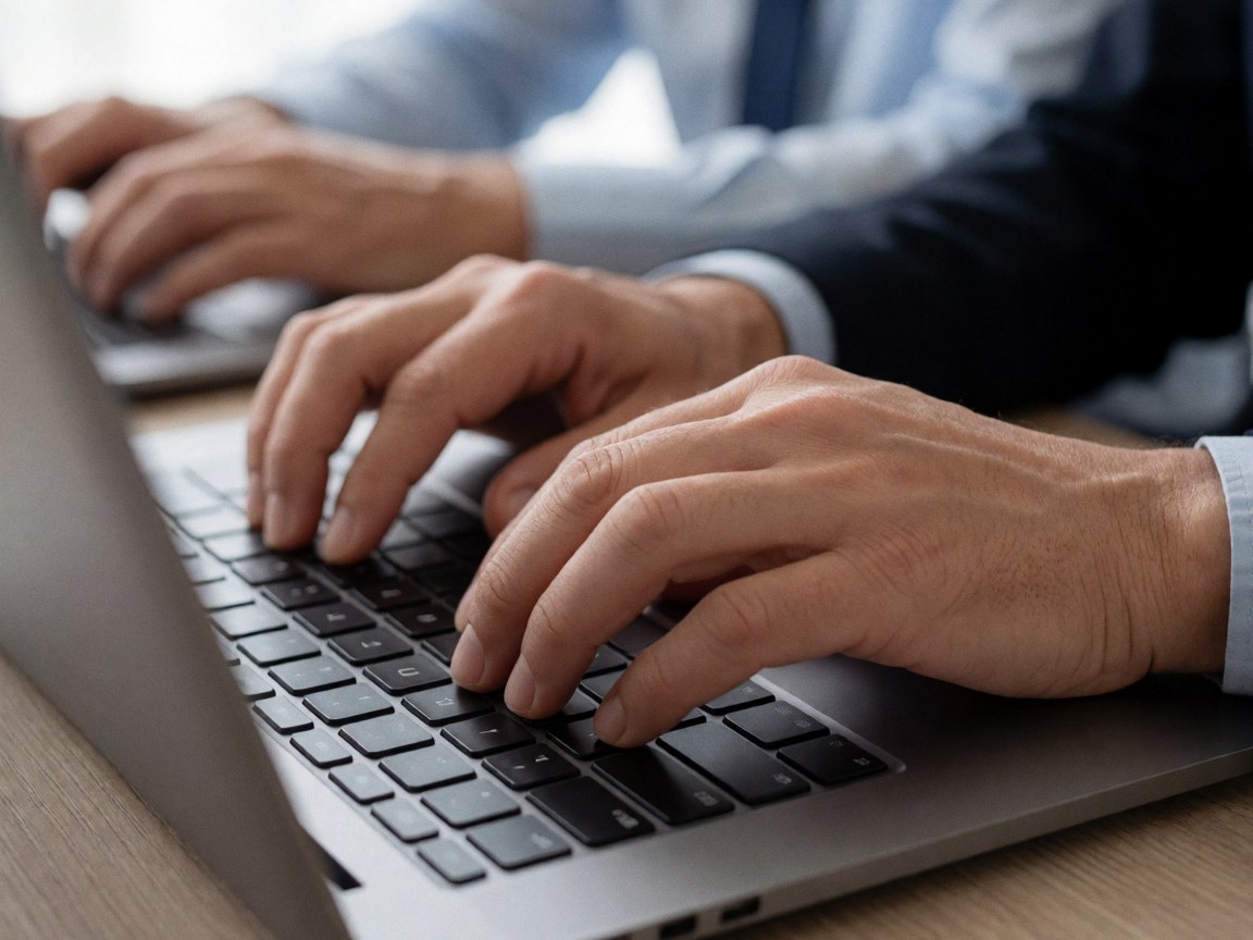 Close-up of a professional wearing a shirt and tie typing on a laptop in a modern office setting
