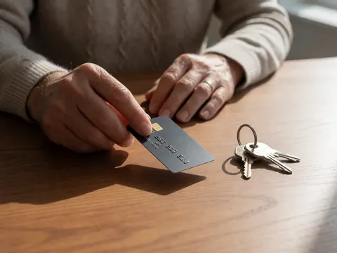 Close-up of a credit card and house keys resting on a wooden surface, symbolizing financial security and homeownership.
