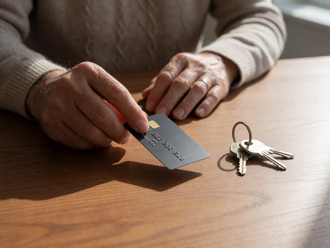 Close-up of a credit card and house keys resting on a wooden surface, symbolizing financial security and homeownership.