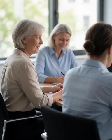 Three female professionals collaborating during a security meeting in a bright modern office with natural light and professional furniture