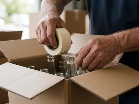 Close-up of hands carefully sealing a cardboard box containing glass bottles in a logistics setting