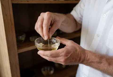 A man's hand mixing essential oils in a clear glass container with natural light and a wooden shelf background