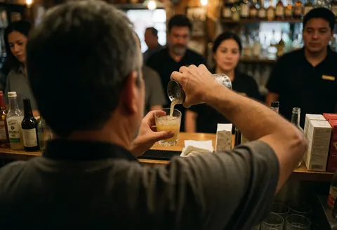 A bartender pours a drink into a glass with a strainer while customers sit in the background of a warmly lit bar.