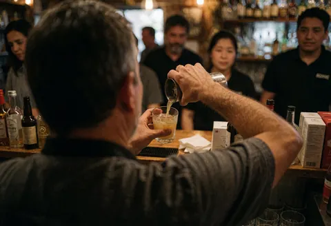 A bartender pours a drink into a glass with a strainer while customers sit in the background of a warmly lit bar.