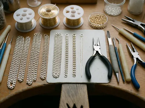 Close-up of jewelry pliers, chains, and metal wires arranged on a wooden workbench for a jewelry store or workshop