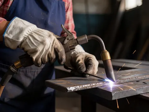 Gloved hands welding metal with a torch, sparks flying in an industrial workshop with natural light