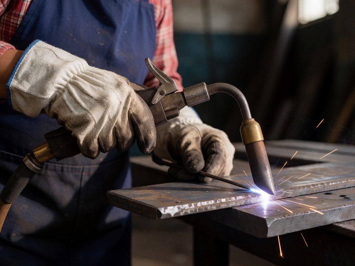 Gloved hands welding metal with a torch, sparks flying in an industrial workshop with natural light