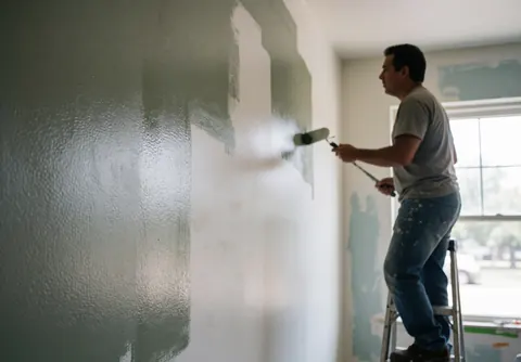 A man standing on a ladder uses a roller to paint a wall, showing both painted and unpainted sections under natural window light