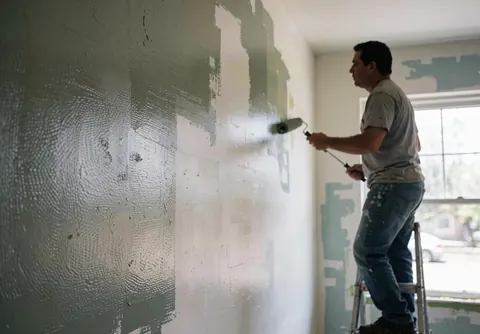 A man standing on a ladder uses a roller to paint a wall, showing both painted and unpainted sections under natural window light