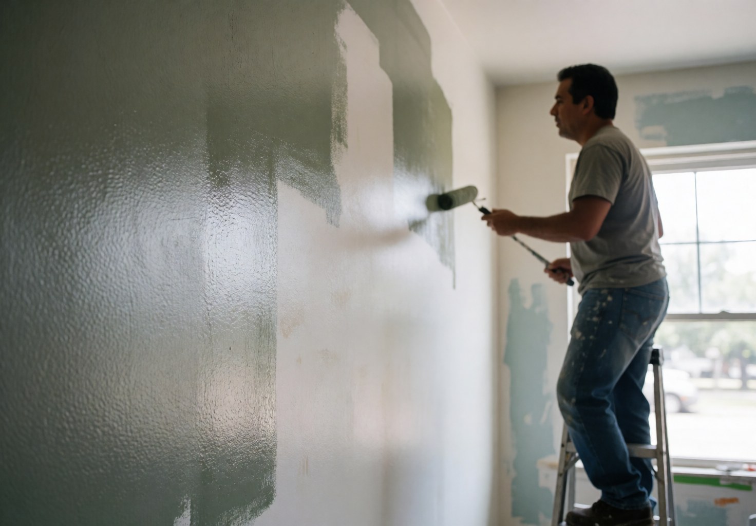 A man standing on a ladder uses a roller to paint a wall, showing both painted and unpainted sections under natural window light