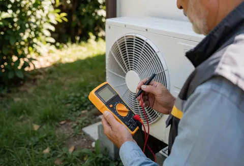 Senior technician uses a multimeter to diagnose an outdoor air conditioning unit in a garden setting