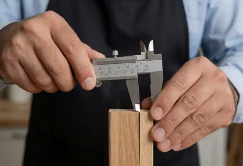 Close-up of a hand using a caliper to measure wood in a workshop setting with natural light