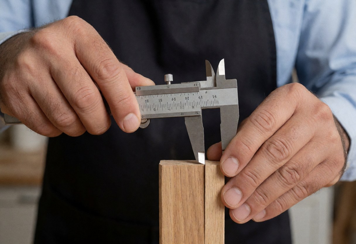 Close-up of a hand using a caliper to measure wood in a workshop setting with natural light