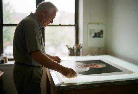 A man in a photo studio reviews an image on a light table with natural window light and photography tools in the background.