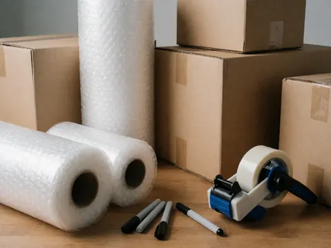 Moving materials including empty boxes, bubble wrap, tape, and markers arranged on a wooden work table for packing services