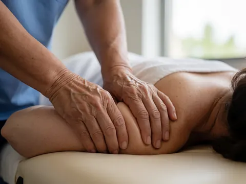 Close-up of a physical therapist's hands massaging a client's shoulder during a professional therapy session