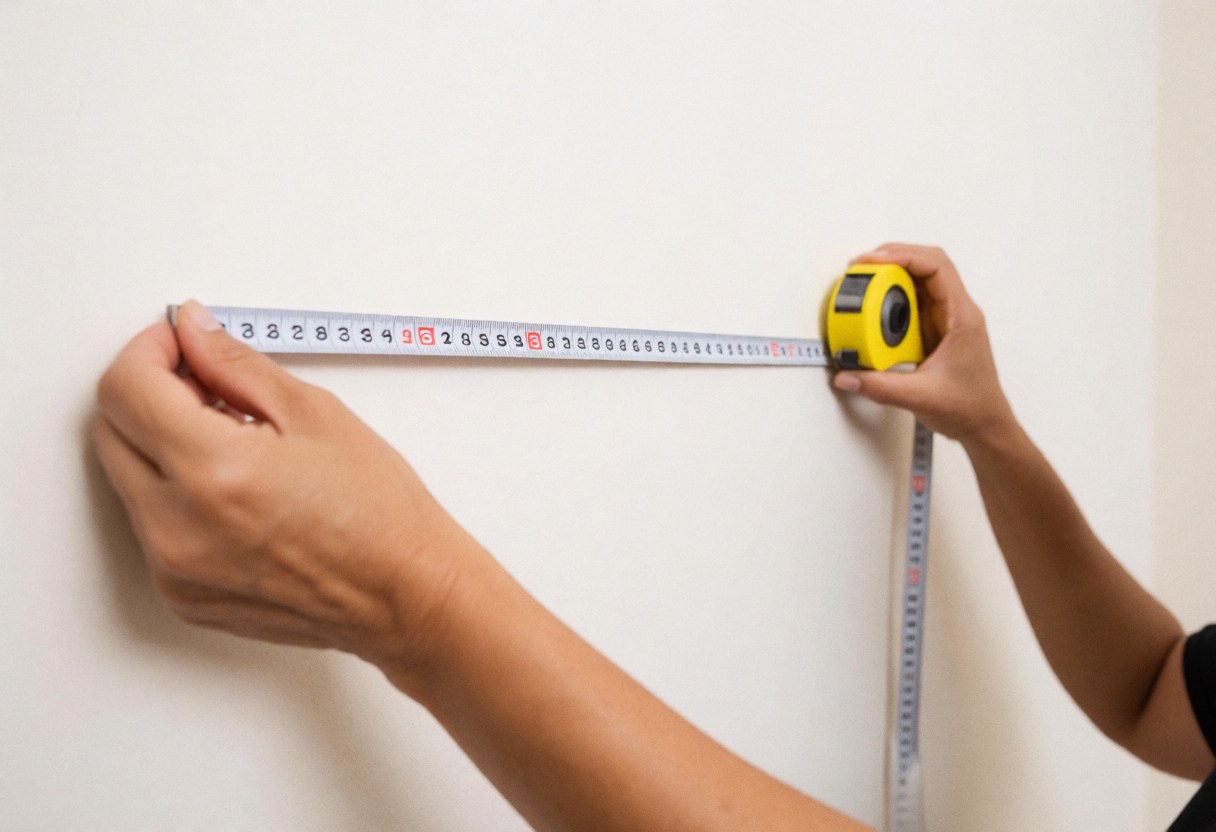 Close-up of hands using a yellow tape measure to measure a white wall for real estate purposes