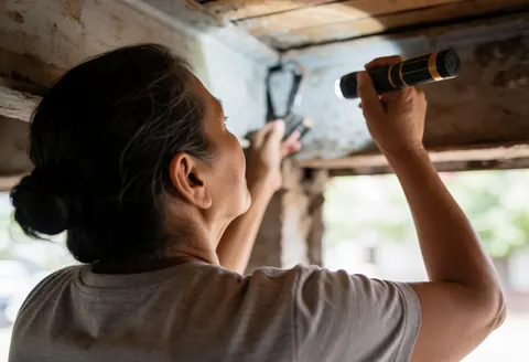 A woman inspects a wooden construction structure using a flashlight in a natural light environment