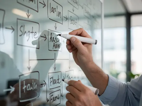 Close-up of a hand drawing a flowchart diagram on a clear whiteboard for business presentations and training.