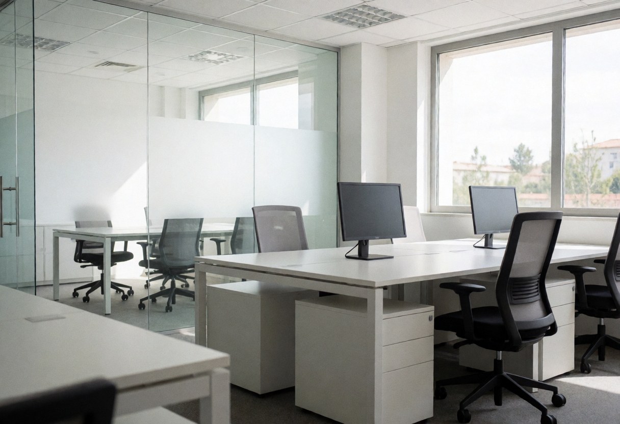 Bright modern office interior featuring white tables, ergonomic chairs, and large windows letting in natural light for business meetings