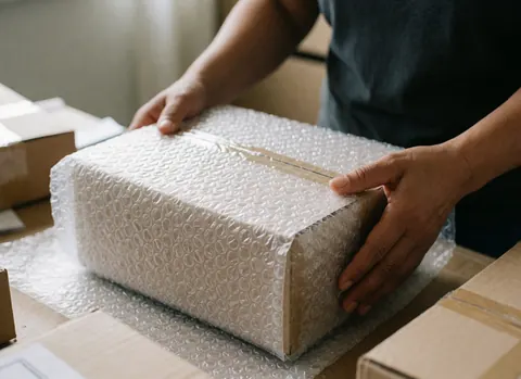 Close-up of hands carefully wrapping a parcel in protective bubble wrap on a packing table for online shipping