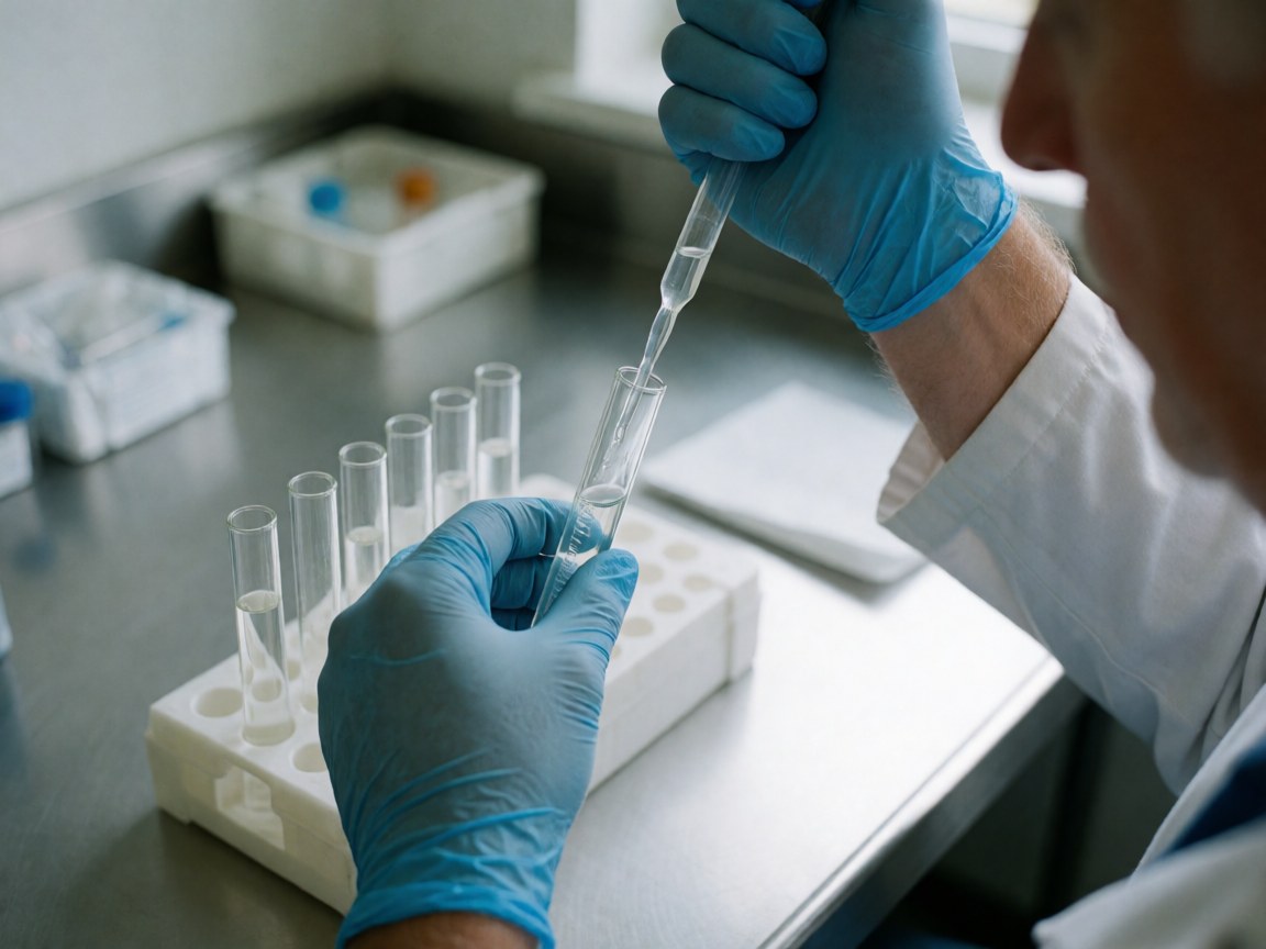 Gloved hands using a pipette to transfer clear liquid into a test tube on a metal lab table with other containers