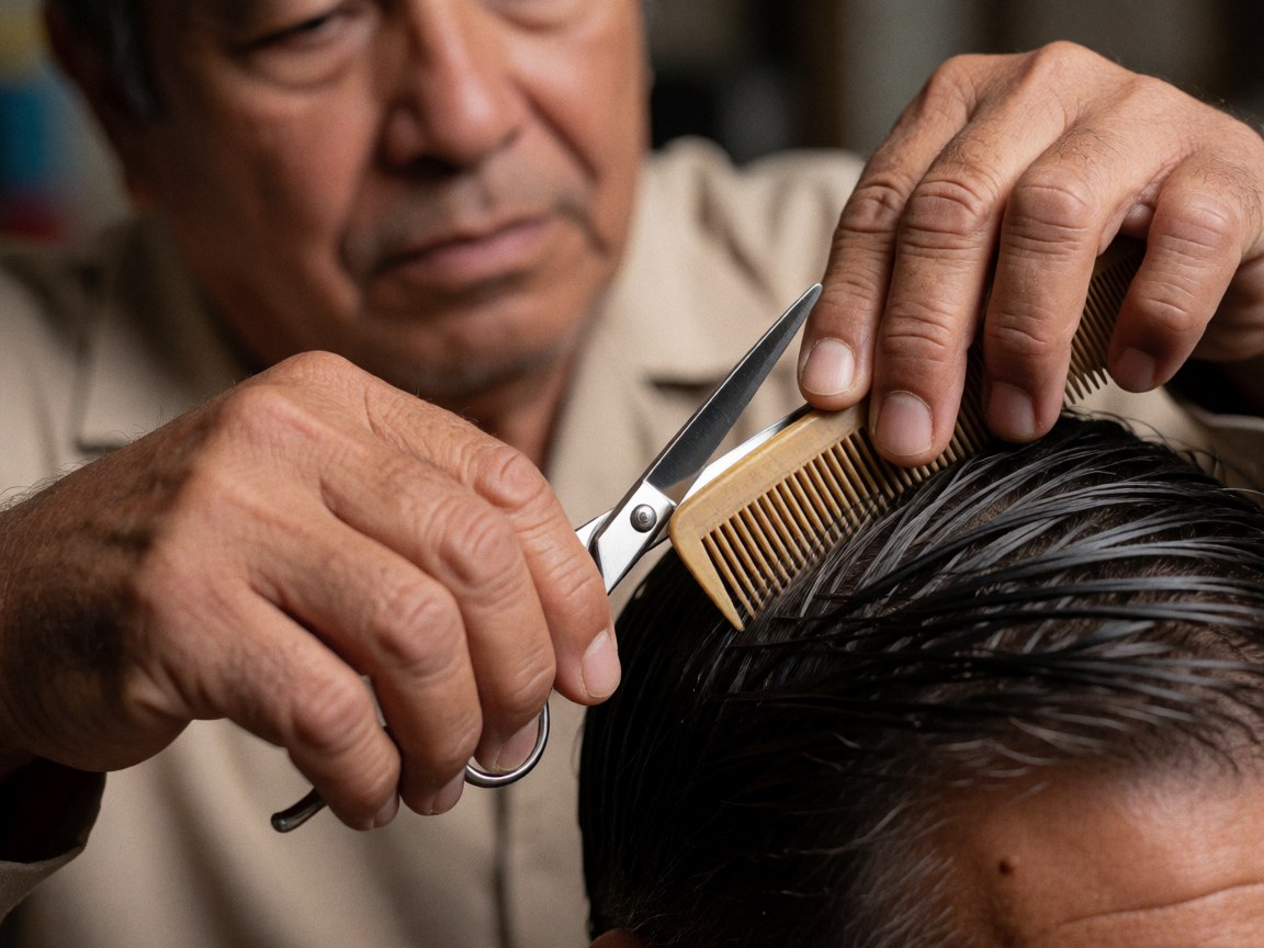 Close-up of a hairdresser's hands using scissors and a comb to cut a client's hair with a blurred background