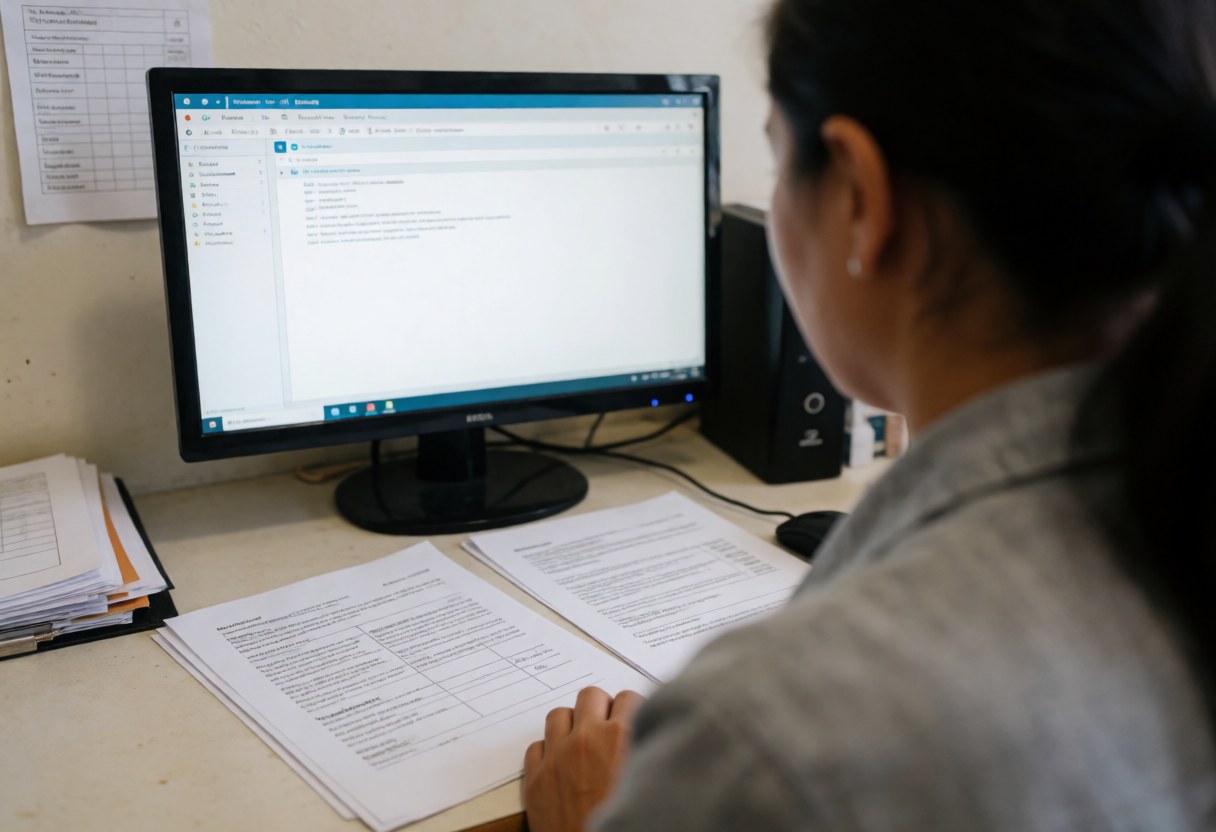 Back view of a woman working at a desk with documents, professional scene for insurance