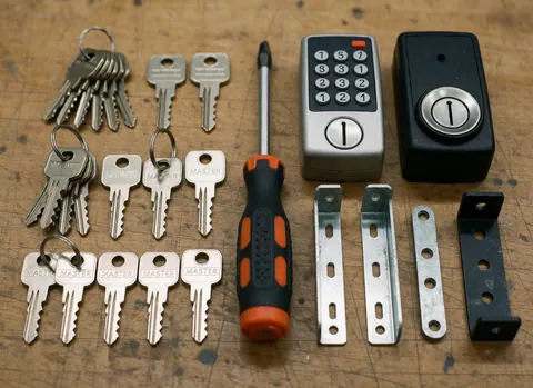 Master keys, screwdriver, digital lock, and metal brackets arranged on a scratched wooden workbench surface.