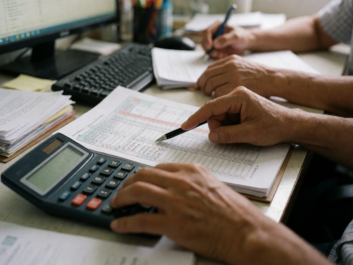 Close-up of accountant hands checking a detailed spreadsheet using a calculator on a desk with papers and a computer