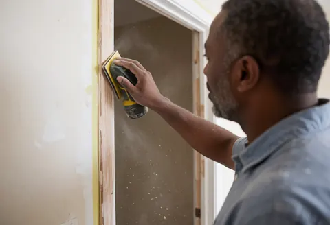 African American carpenter using an electric sander on a door frame with dust floating in the air and unfinished walls in the background