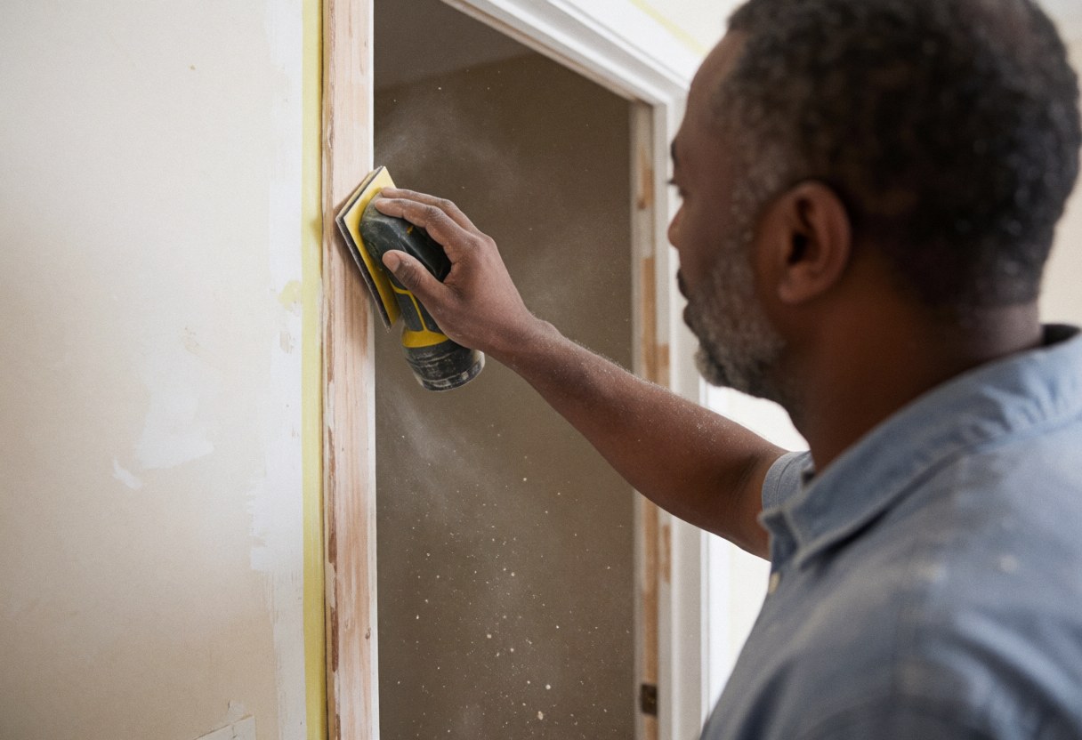 African American carpenter using an electric sander on a door frame with dust floating in the air and unfinished walls in the background