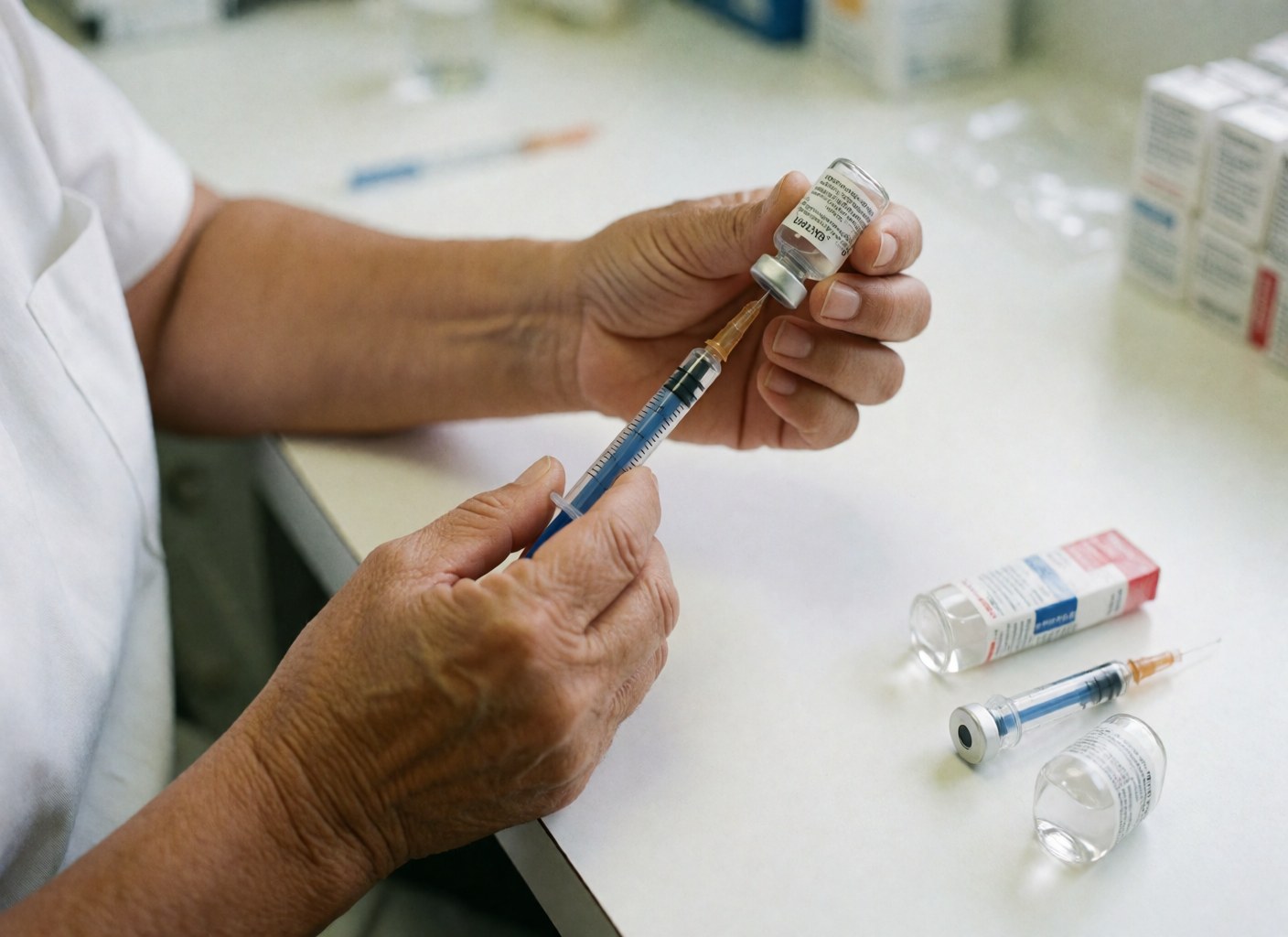 Close-up of older adult hands holding a syringe and medicine vial on a clean white clinical table