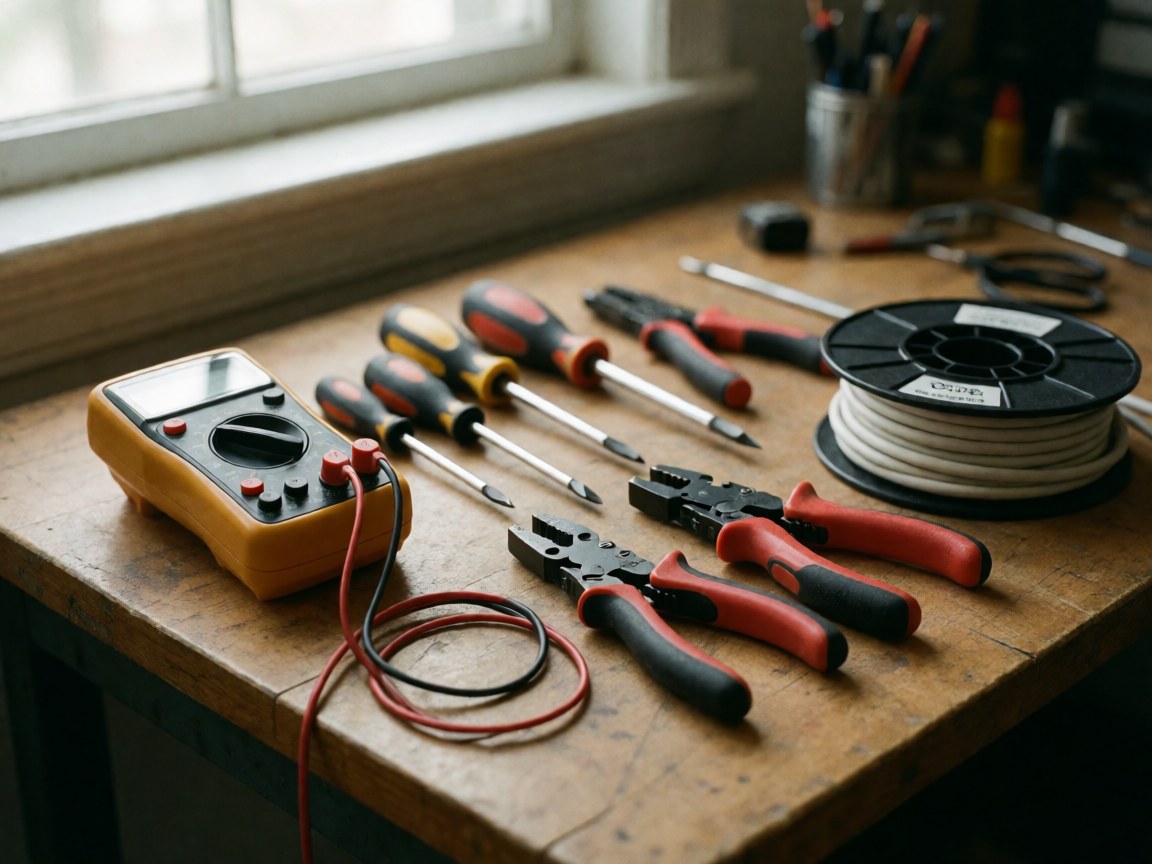 Multimeter, screwdrivers, and wire cutters arranged on a wooden table with natural light for IT support tasks