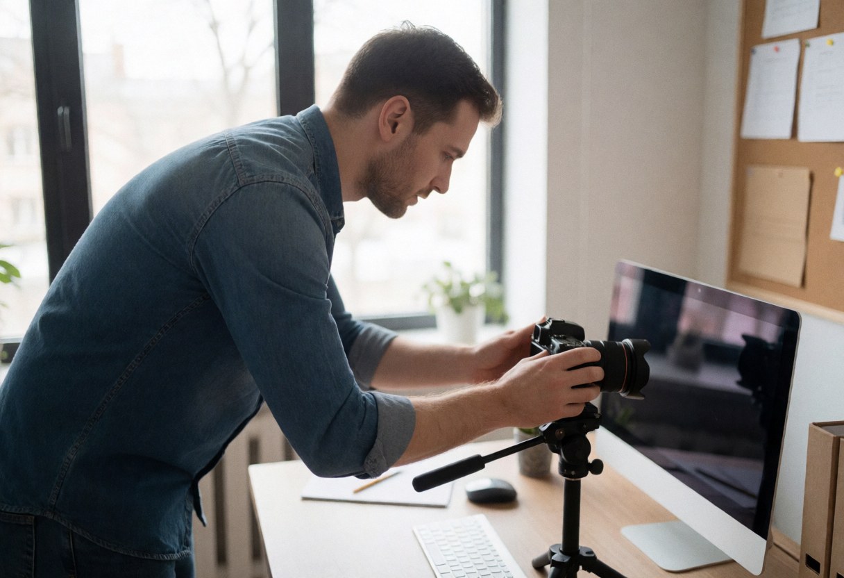 Young man adjusting a camera on a tripod in front of a computer in a modern office, preparing for an online course recording.