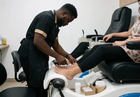 A male pedicurist attends to a woman's feet in a professional salon setting with visible tools and products.